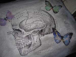 Old dictionary skull and digital butterflies design on the top.